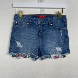 Y2K Guess Los Angeles Cut Off Distressed Jean Shorts Women’s 26 Floral Pockets